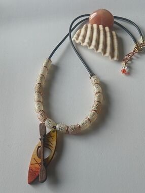 Handmade Wooden Kayak Pendant Necklace with Cream and Brown Ethnic Beads
